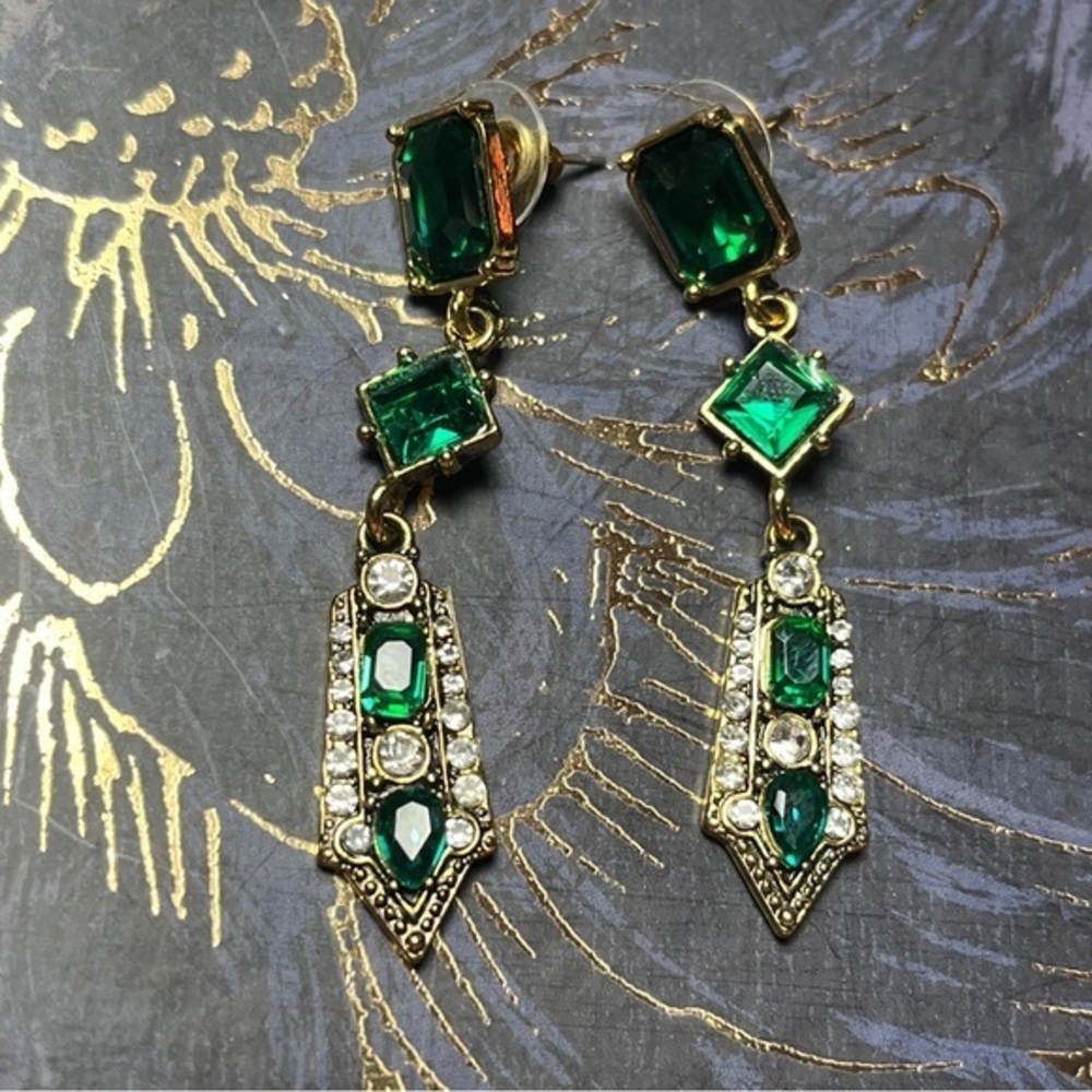 Estate Elegant Retro Art Deco 1920s Style Green & Gold Crystal Drop Earrings D2